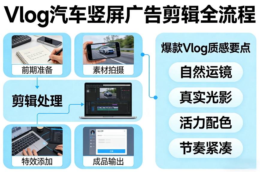 Vlog感觉汽车竖屏广告剪辑脚本全流程，拿捏爆款Vlog质感-21资源库