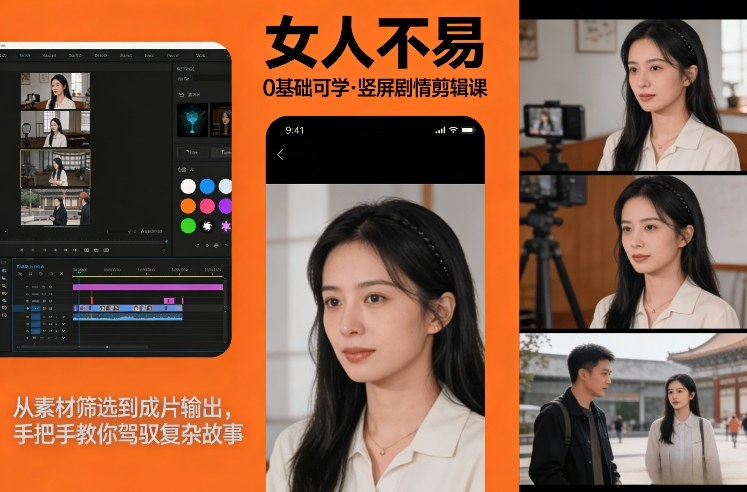 0基础可学！《女人不易》竖屏剧情剪辑课，从素材筛选到成片输出，手把手教你驾驭复杂故事-21资源库