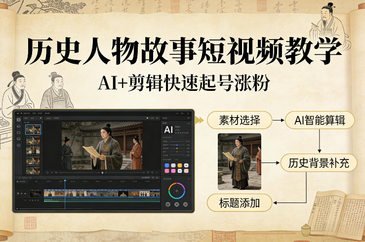 历史人物故事短视频教学，AI+剪辑制作历史人物题材短视频，快速起号涨粉-21资源库