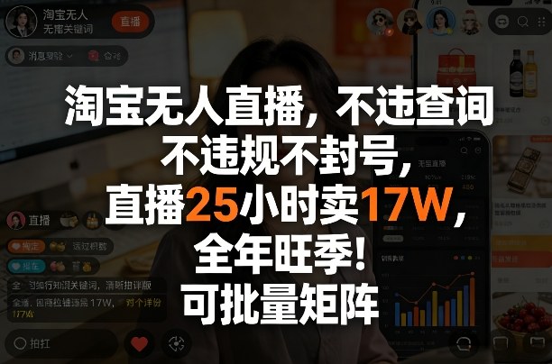 淘宝无人直播，不违规不封号，直播25小时卖17W，全年旺季！可批量矩阵【揭秘】-21资源库