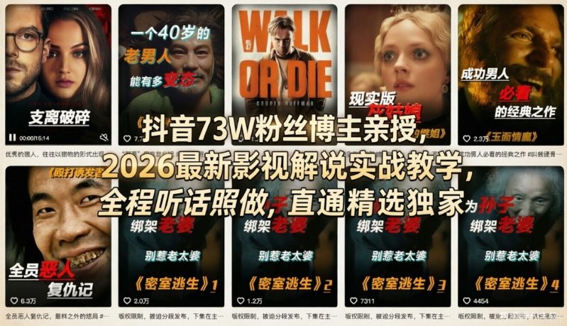 抖音73W粉丝博主亲授，2026最新影视解说实战教学，全程听话照做，直通精选独家-21资源库