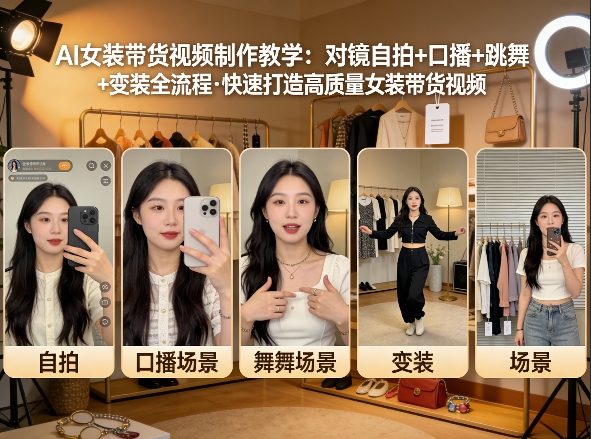 AI女装带货视频制作教学，对镜自拍、口播、跳舞、变装全流程，快速打造高质量女装带货视频-21资源库