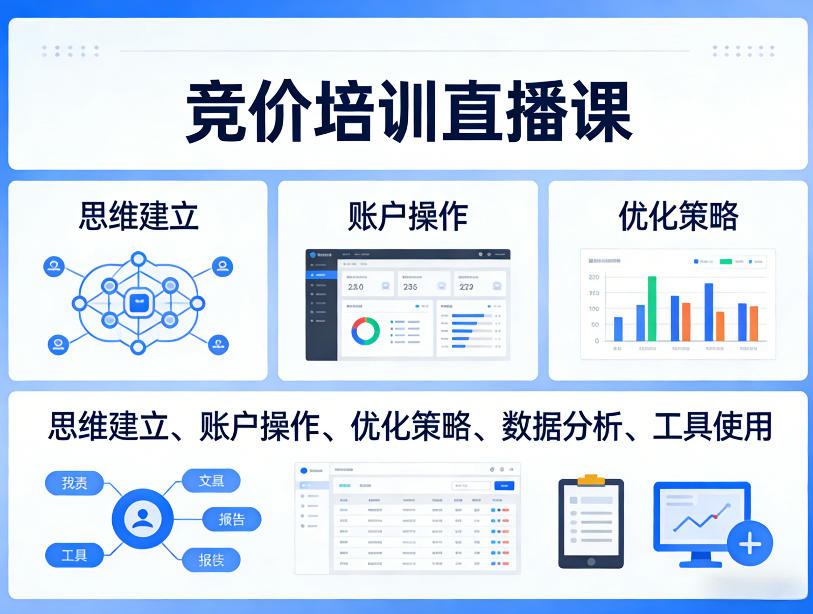 竞价培训直播课，覆盖思维建立、账户操作、优化策略、数据分析、工具使用等，全方位提升效果-21资源库