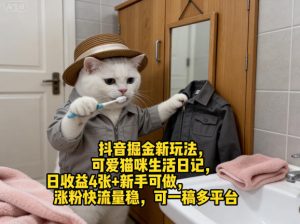 抖音掘金新玩法，可爱猫咪生活日记，日收益4张+新手可做，涨粉快流量稳，可一稿多平台-21资源库