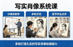 写实肖像系统课,全程分模块教学+多轮示范+逐节作业点评,系统打造扎实的写实肖像绘画能力-21资源库
