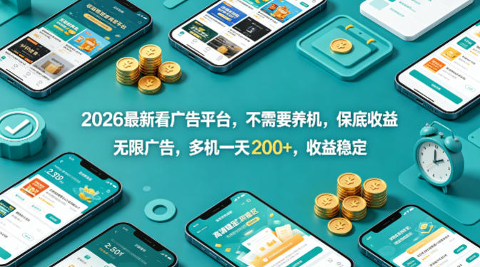 2026最新看广告平台，不需要养机，保底收益，无限广告，多机一天200+，收益稳定【揭秘】-21资源库