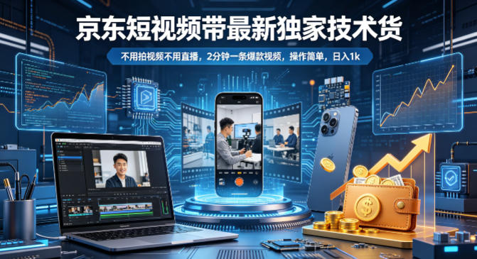 京东短视频带货最新独家技术，不用拍视频不用直播，2分钟一条爆款视频，操作简单，日入1k+【揭秘】-21资源库