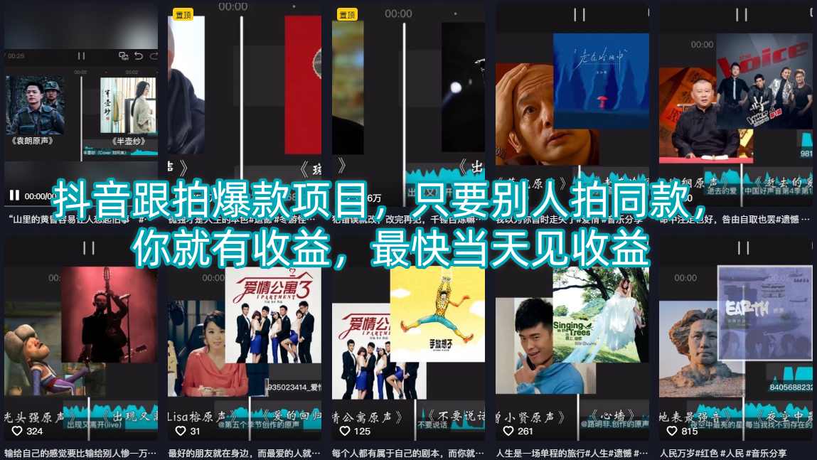 抖音跟拍爆款项目，只要别人拍同款，你就有收益，最快当天见收益-21资源库