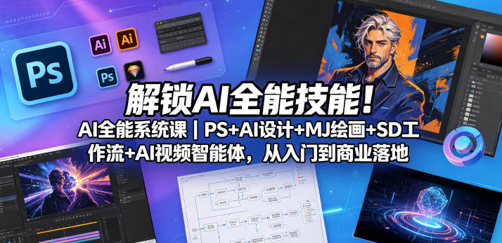 解锁AI全能技能！AI全能系统课｜PS+AI设计+MJ绘画+SD工作流+AI视频智能体，从入门到商业落地-21资源库
