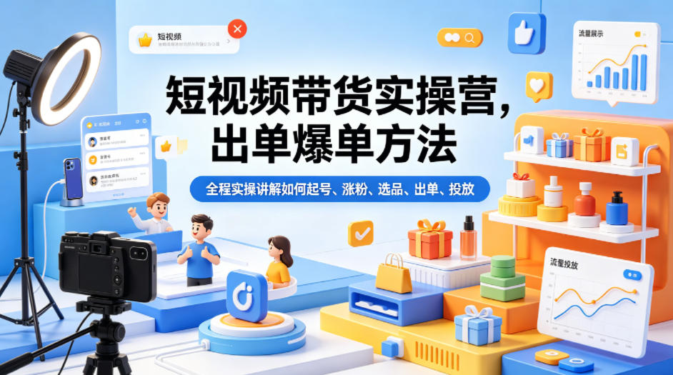 短视频带货实操营，出单爆单方法，全程实操讲解如何起号、涨粉、选品、出单、投放-21资源库