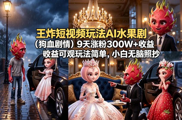 王炸短视频玩法AI水果剧（狗血剧情）9天涨粉300W+收益可观玩法简单，小白无脑照抄，详细拆解玩法-21资源库