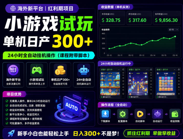 海外新平台，小游戏试玩，单机日产300+，24小时全自动挂G操作（课程附带脚本）【揭秘】-21资源库
