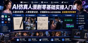 AI仿真人漫剧零基础实操入门课，从剧本创作、人物场景设定、分镜脚本到AI成片配音剪辑，全流程手把手教学-21资源库