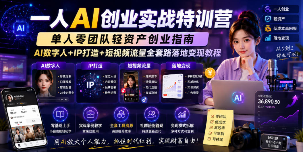 一人AI创业实战特训营，单人零团队轻资产创业指南，AI数字人+IP打造+短视频流量全套路落地变现教程-21资源库