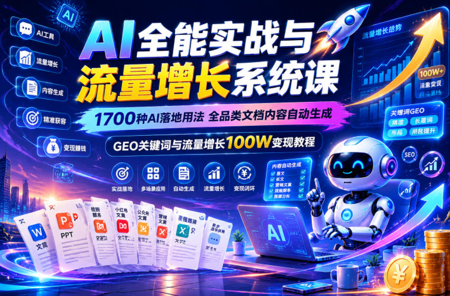 AI全能实战与流量增长系统课，1700种AI落地用法，全品类文档内容自动生成，GEO关键词与流量增长100W变现教程-21资源库