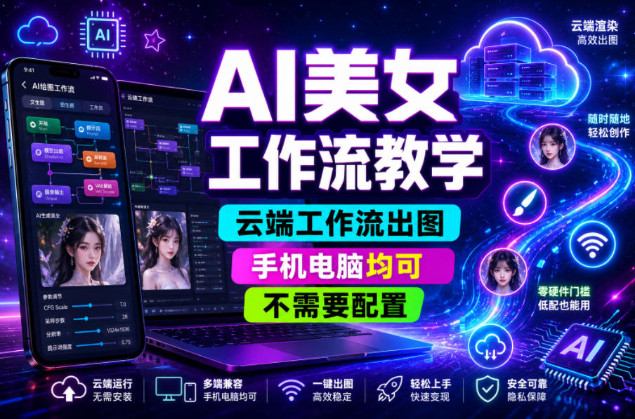 AI美女工作流教学，云端工作流出图，手机电脑均可，不需要配置，快速起号涨粉-21资源库