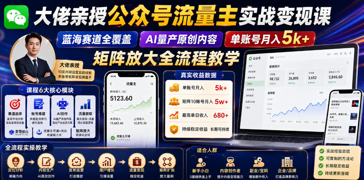 大佬亲授公众号流量主实战变现课，蓝海赛道全覆盖，AI量产原创内容，单账号月入5k+矩阵放大全流程教学-21资源库