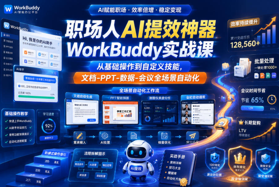 职场人AI提效神器WorkBuddy实战课，从基础操作到自定义技能，文档-PPT-数据-会议全场景自动化-21资源库