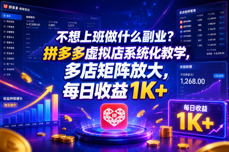 不想上班做什么副业？拼多多虚拟店系统化教学，多店矩阵放大，每日收益1K+【揭秘】-21资源库