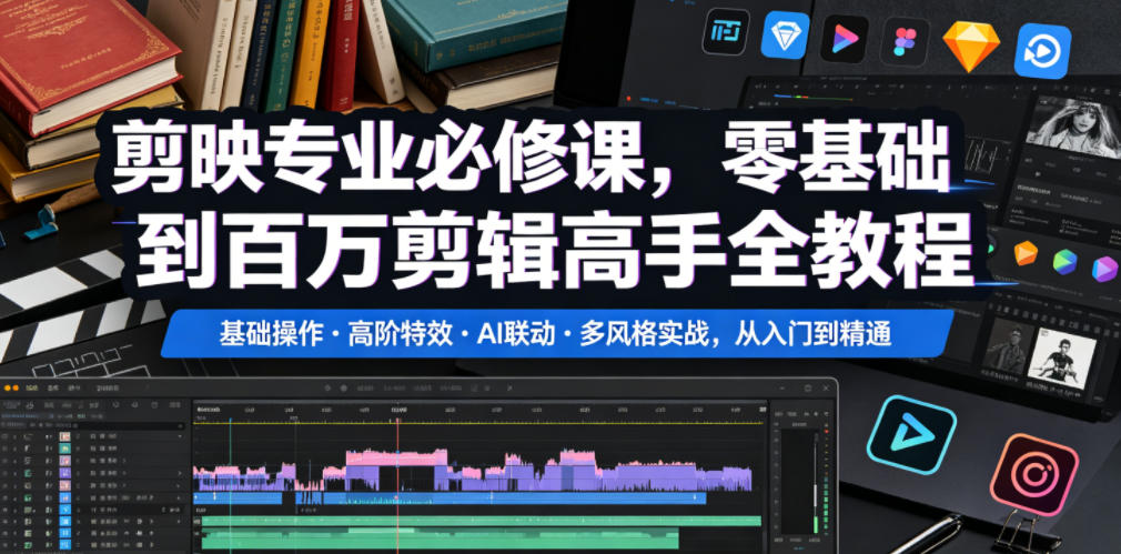 剪映专业必修课，零基础到百万剪辑高手全教程，基础操作・高阶特效・AI联动・多风格实战，从入门到精通-21资源库