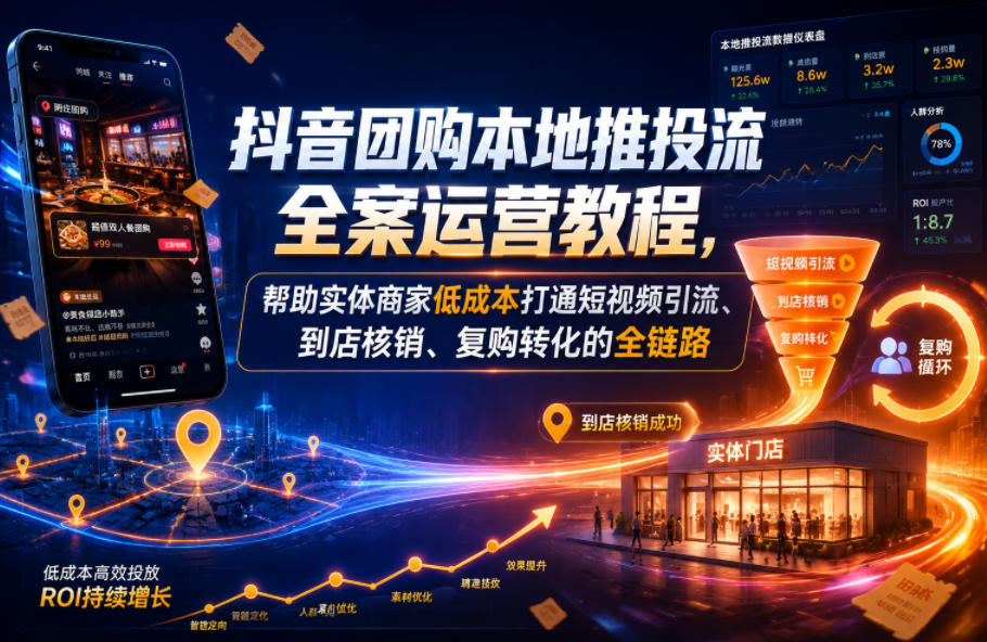 抖音团购本地推投流全案运营教程，帮助实体商家低成本打通短视频引流、到店核销、复购转化的全链路-21资源库