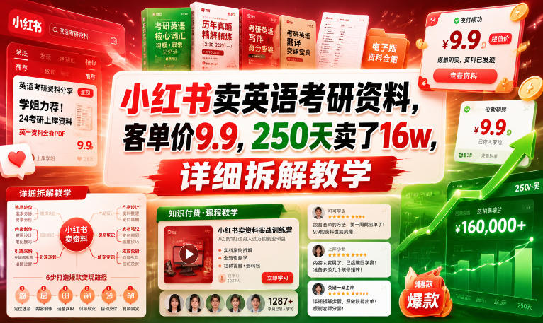 小红书卖英语考研资料，客单价9.9，250天卖了16w，详细拆解教学-21资源库