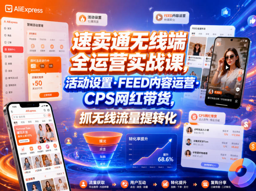 速卖通无线端全运营实战课，活动设置・FEED内容运营・CPS网红带货，抓无线流量提转化-21资源库