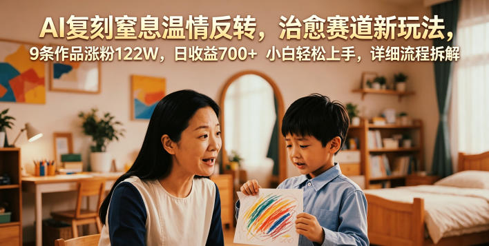 AI复刻窒息温情反转，治愈赛道新玩法，9条作品涨粉122W，日收益700+ 小白轻松上手，详细流程拆解-21资源库