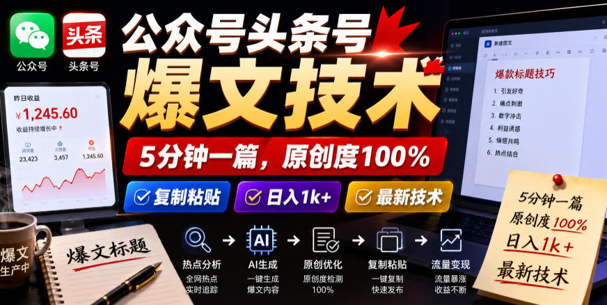 公众号头条号爆文技术，5分钟一篇，原创度100%，复制粘贴，日入1k+，最新技术【揭秘】-21资源库