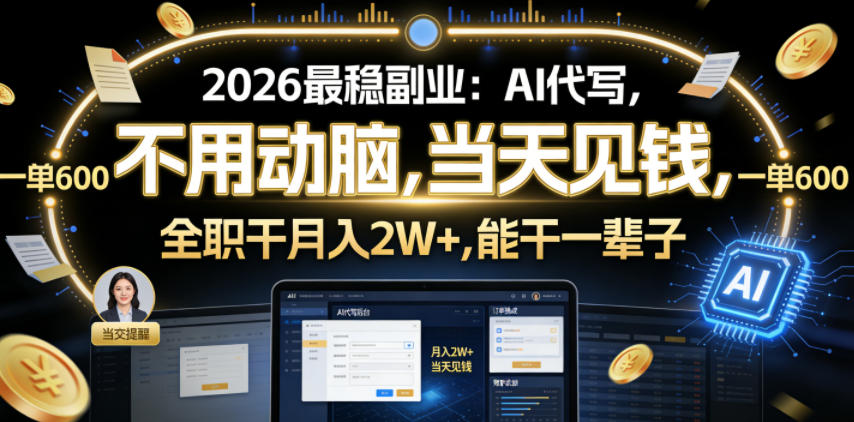2026最稳副业：AI代写，不用动脑，当天见钱，一单600，全职干月入2W+，能干一辈子【揭秘】-21资源库