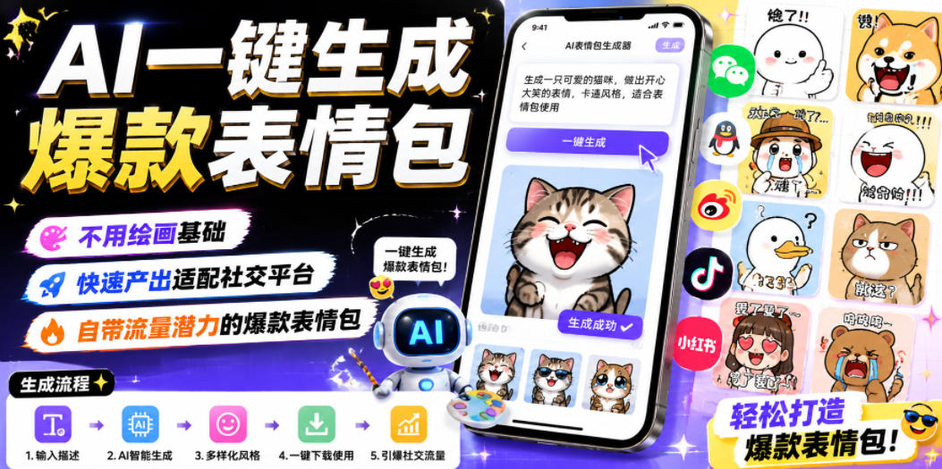 AI一键生成爆款表情包，不用绘画基础，快速产出适配社交平台，自带流量潜力的爆款表情包-21资源库