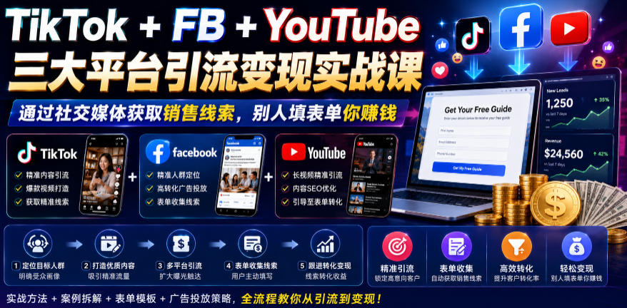 TikTok+FB+YouTube三大平台引流变现实战课，通过社交媒体获取销售线索，别人填表单你賺钱【原创双语字幕】-21资源库