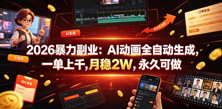 2026暴力副业：AI动画全自动生成，一单上千，月稳2W，永久可做【揭秘】-21资源库