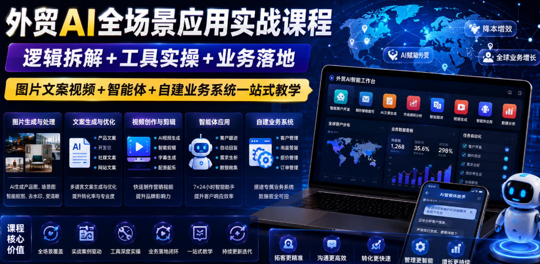 外贸AI全场景应用实战课程｜逻辑拆解+工具实操+业务落地，图片文案视频+智能体+自建业务系统一站式教学-21资源库