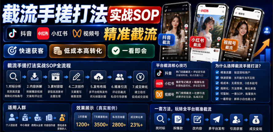 截流手搓打法实战SOP，抖音小红书视频号精准截流，快速获客，低成本高转化，一看即会-21资源库