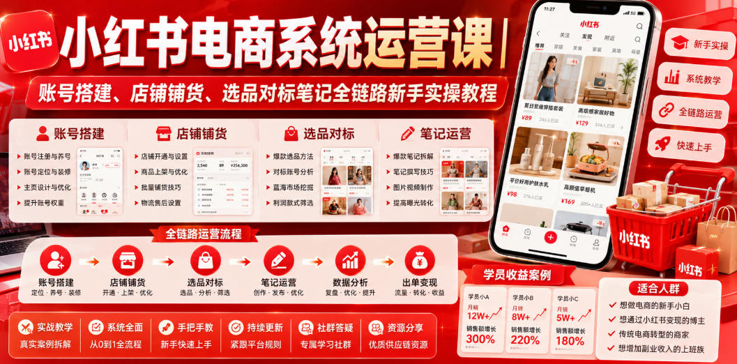 小红书电商系统运营课｜账号搭建、店铺铺货、选品对标笔记全链路新手实操教程-21资源库