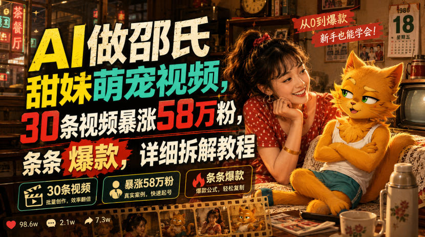 AI做邵氏甜妹萌宠视频，30条视频暴涨58万粉，条条爆款，详细拆解教程-21资源库