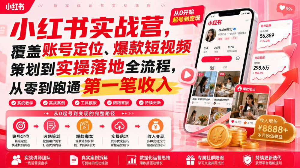 小红书实战营，覆盖账号定位、爆款短视频策划到实操落地全流程，从零到跑通第一笔收入-21资源库