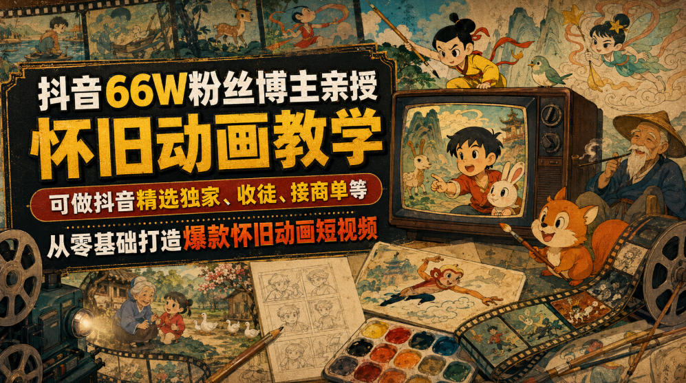 抖音66W粉丝博主亲授怀旧动画教学，可做抖音精选独家、收徒、接商单等，从零基础打造爆款怀旧动画短视频-21资源库