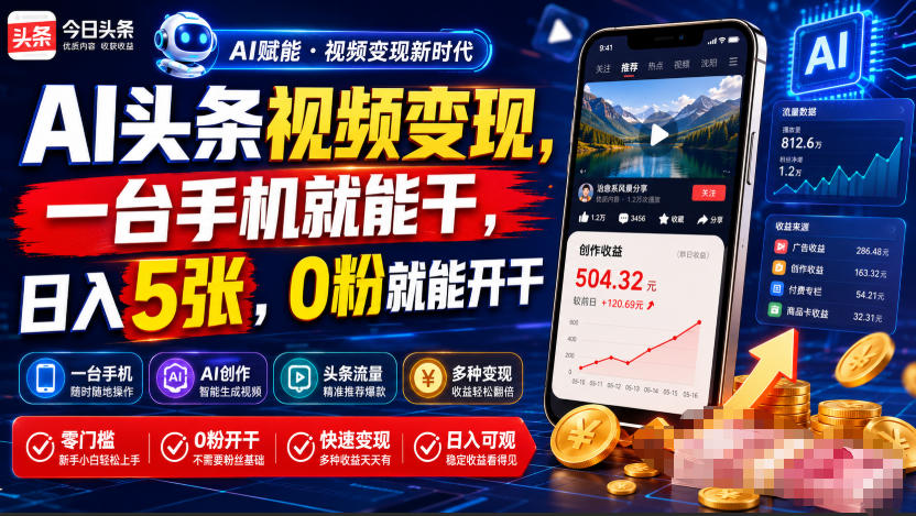 AI头条视频变现，一台手机就能干，日入5张，0粉就能开干-21资源库
