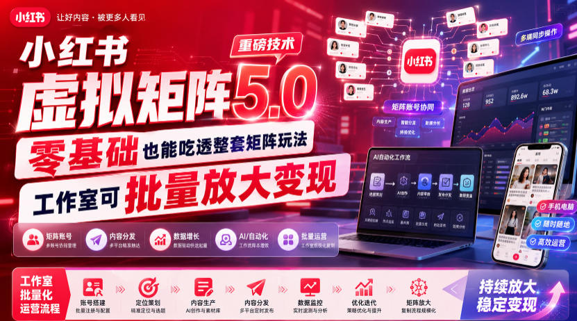 小红书虚拟矩阵5.0重磅技术，零基础也能吃透整套矩阵玩法，工作室可批量放大变现-21资源库