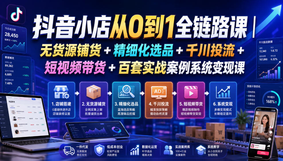 抖音小店从0到1全链路课｜无货源铺货+精细化选品+千川投流+短视频带货+百套实战案例系统变现课（2026年7月更新）-21资源库