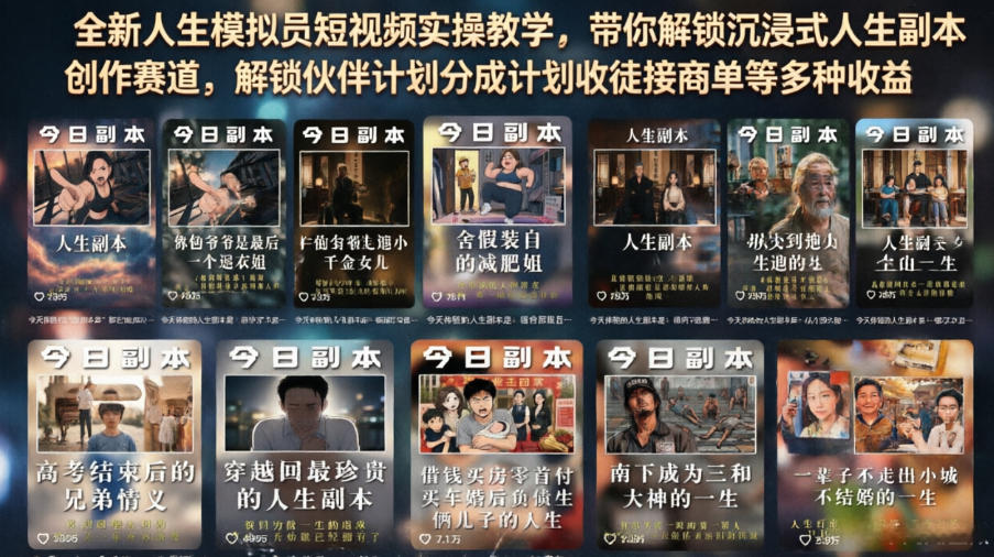 全新人生模拟员短视频实操教学，带你解锁沉浸式人生副本创作赛道，解锁伙伴计划分成计划收徒接商单等多种收益-21资源库