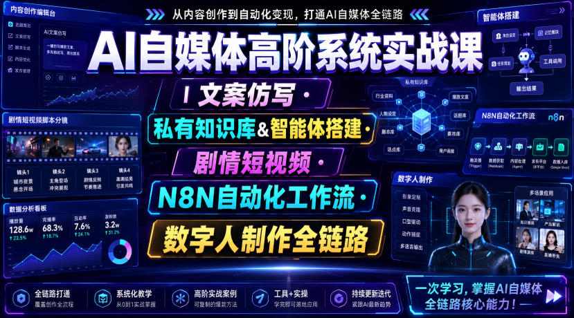 AI自媒体高阶系统实战课｜文案仿写・私有知识库&智能体搭建・剧情短视频・N8N自动化工作流・数字人制作全链路-21资源库