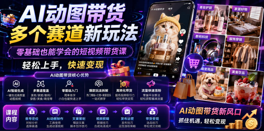 AI动图带货多个赛道新玩法，零基础也能学会的短视频带货课，轻松上手，快速变现-21资源库