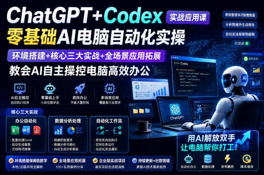 ChatGPT+Codex实战应用课｜零基础AI电脑自动化实操，环境搭建+核心三大实战+全场景应用拓展，教会AI自主操控电脑高效办公-21资源库