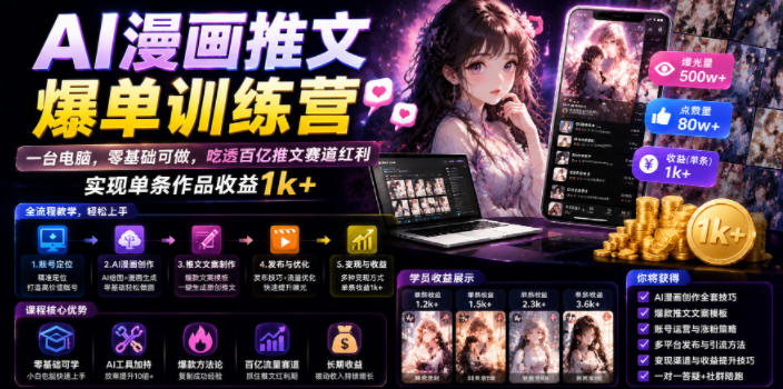AI漫画推文爆单训练营，一台电脑，零基础可做，吃透百亿推文赛道红利，实现单条作品收益1k+-21资源库