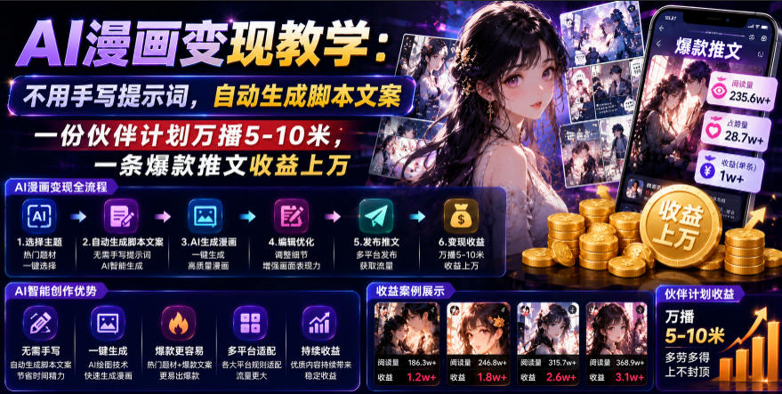 AI漫画变现教学：不用手写提示词，自动生成脚本文案，一份伙伴计划万播5-10米，一条爆款推文收益上W-21资源库
