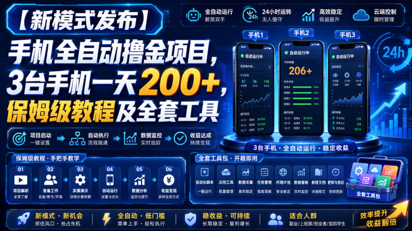 【新模式发布】手机全自动撸金项目，3台手机一天200+，保姆级教程及全套工具【揭秘】-21资源库