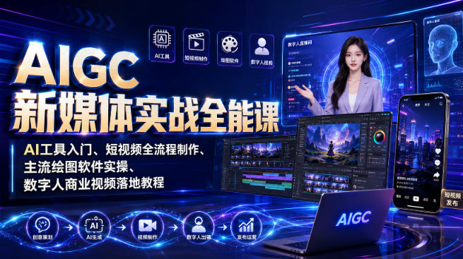 AIGC新媒体实战全能课｜AI工具入门、短视频全流程制作、主流绘图软件实操、数字人商业视频落地教程-21资源库
